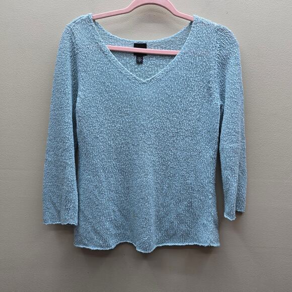 Eileen Fisher Linen Blend Pullover V-Neck Knit Sweater Light Blue Size Small - Picture 1 of 5